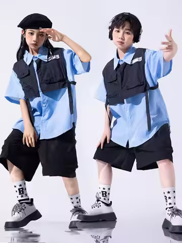 Boys Hip Hop Clothing Two-piece Top Black Short for Girls Kids Jazz Dance Costume Clothes Set