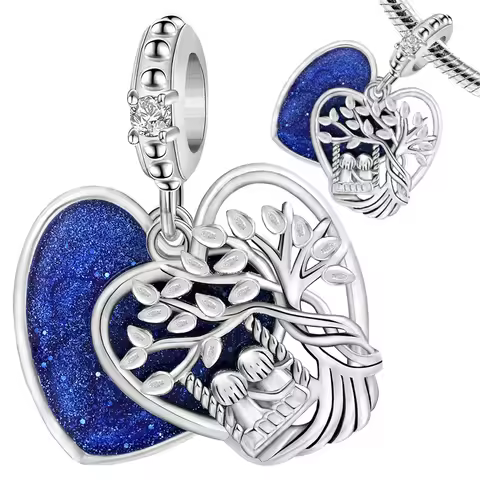 Family Tree Dangle Charm 925 Sterling Silver Blue Glitter Heart Bead Fit Women Bracelet Family Silho