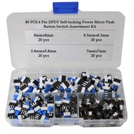 80 Keping Suis Butang Tekan Mikro Kuasa Pengunci Sendiri DPDT 6 Pin (5.8X5.8mm 7X7mm 8X8mm 8.5X8.5mm