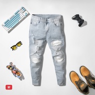 Men's blue jeans with white leather lining, high quality men's jeans with light and comfortable stre