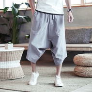 (High-Quality) Men's casual pants-Thai elephant wide-leg pants bloomers male large size fat loose linen shorts cropped pants big crotch beach pants summer