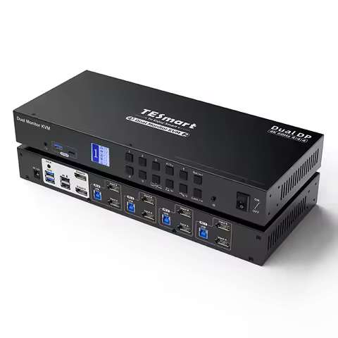 TESmart 4 Port Dual Monitor KVM Switch Kit DP 4K60Hz with USB 3.0 Docking Station EDID Microphone L/