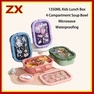 【Local shipping】1350ML cartoon Lunch Box 4 grids for kids microwaveable bekas bekal makanan cute