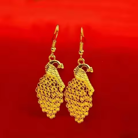 Womens 18K gold earrings, elegant AU750 three-dimensional love Phoenix earrings, free shipping and c