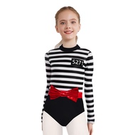 Oyolan Girls Prisoner Halloween Cosplay Costume Inmate Striped Long Sleeve Mock One Piece Bodysuits 