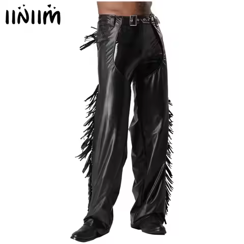 Mens Motorcycle Cowboy Faux Leather Fringed Chap Pants Show Chaps Zipper Tassels Trousers Halloween 