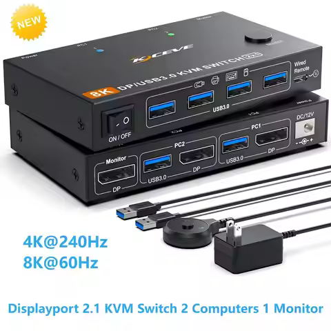 KVM Switch 2 Computer 1 Monitor Displayport 4K@240Hz 8K@60Hz,USB 3.0 KVM Switch Displayport 2.1 for 