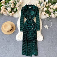 2021New Women Elegant Velvet Dress Korean Fashion Notched Long Sleeve Ruched Slim Vintage Bodycon Dress Sexy Split Party Dresses