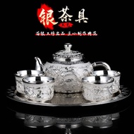 Dragon Phoenix 999 Sterling Silver Tea Set 1 Tray 1 Teapot 4 Teacups Palace Style Household Tea Set 