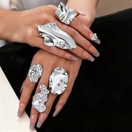 5pcs Set Silver Abstract Crinkle Metal Personalized Rings, Women's Thick Rings Jewelry, Stackable Ri