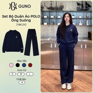 GUNO Women's Sweatshirt Set High Quality Polo Collar with Hack Straight Pants Fashion Embroidered Lo