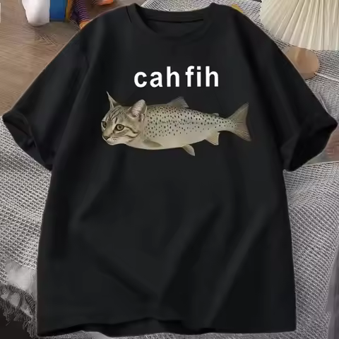 Cah Fih T-Shirt Fih Funny Mispelled Fish Meme T Shirt Cat and Fish Graphic Humor Tshirt Casual Short