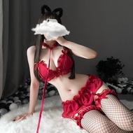 Sexy lace cute underwear tied bra set temptation bikini private chiffon three-point cat woman costume