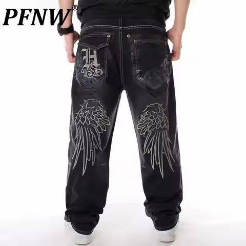 PFNW Embroidery Men's Jeans Skateboard Pants 2025 High Street Korea Fashion New Loose Male Trousers 