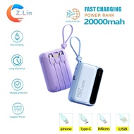 20000mAh Power Bank Portable Fast Charging cute mini Powerbank Battery Comes with detachable 4 in1cable