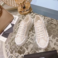 Autumn Winter New Style Prada Triangle Logo Genuine Leather Canvas Platform Shoes - White