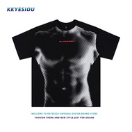 เสื้อยืดแขนสั้นผู้ชาย K787 สไตล์อเมริกัน ทรงหลวม ลายกล้ามเนื้อ แฟชั่นฤดูร้อน สำหรับเยาวชน เสื้อคู่รั