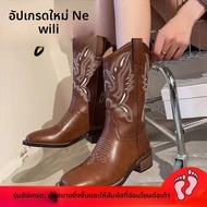 Vintage ปัก Western Boots ผู้หญิงกลางลูกวัวสั้น Boot หนังนุ่มสีขาว Denim Booties สําหรับกระโปรงส้นแบ