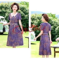 Váy trung niên ngắn tay V16 - Đầm thời trang Quảng Châu mặc mùa hè cho mẹ dáng dài U40 U50 U60 U70 U