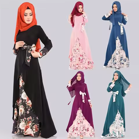 Dubai Abaya Muslim Elastic Waist Long All-match Hedging Mid-length Dress Print Black Temperament Lon