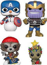 Funko Pop! Marvel: Christmas Holiday - Captain America Snowman, Thanos in Ugly Sweater, Groot with Xmas Lights and Rocket on Snowmobile - Set of 4 Vinyl Figures