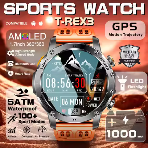 Sporty T-Rex 3 1.7-inch AMOLED Screen Smart Watch Military 1000mAh Battery Heart Rate HD Call GPS Tr