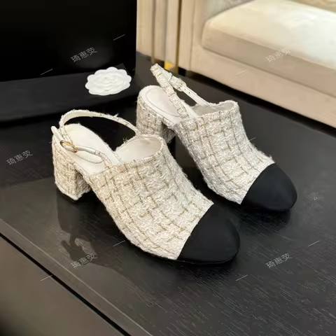 Newest Genuine Leather Sequins Color Block Thick Heel Baghead Sandals Fashionable All-Matching Comfo