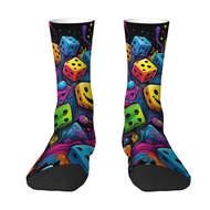 Neon Dice Smiley Face Graffiti Mens Mid-Calf Socks New Cyberpunk Street Game Style Comfortable Socks