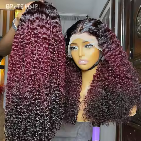 Super Double Drawn 3 Tone 99j 4by4 Lace Closure Wig Human Hair Pre Plucked Ombre Black Burgundy Kink
