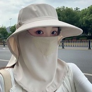 防曬帽女 大帽檐遮面 戶外防曬護頸 防UV太陽帽 夏季必備- 披肩冰絲面罩-米色 均碼