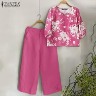 Esolo ZANZEA เสื้อผู้หญิง2ชิ้นชุดลำลอง Sablon Bunga แขน3/4เสื้อกางเกงทรงหลวมเซ็ตเสื้อผ้าใส่สบาย #3