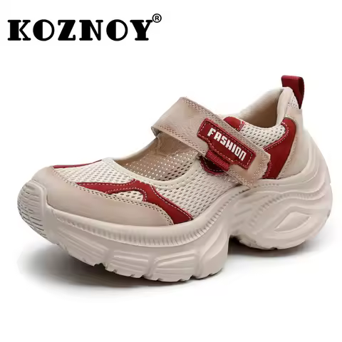 Koznoy 6cm 2025 Air Mesh Suede Cow Genuine Leather Flats Hook Shoes Women Mary Jane Loafer Ethnic Mo