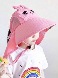 1個適用於春/夏季戶外運動的女童粉色兔子卡通帽,帶可拆卸防曬披肩和哨子