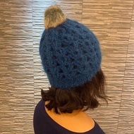 純手工編織毛帽 - 孔雀藍 - 毛球可拆-僅此一頂