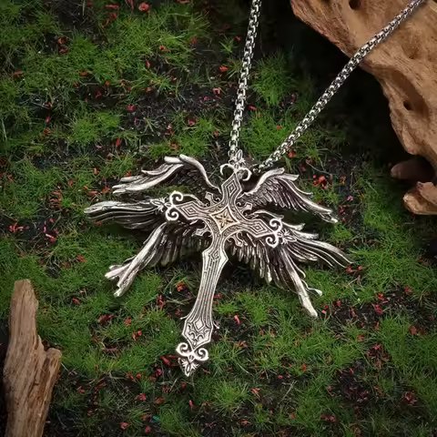 Gothic Angel Wing Cross Pendant Necklace Vintage Silver Plated Multi-Winged Cross Necklace Punk Goth