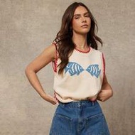 Women's Round Neck Multi Stitch Fish Intarsia Knit Sweater Vest Top, Fall, Autumn, Winter, Country, 