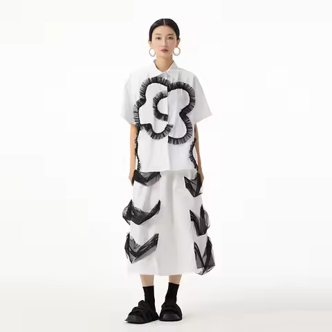 Elegant Mesh Patchwork Outfit Women 2026 Summer Niche Design Shirt + Skirt Two-piece Set ZF1992