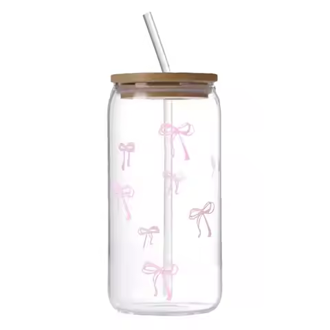 cute bow Glasses with Lids and Straws 500ml Cute Bow Bottle Matcha Mug for Iced Coffee Cocktail Matc