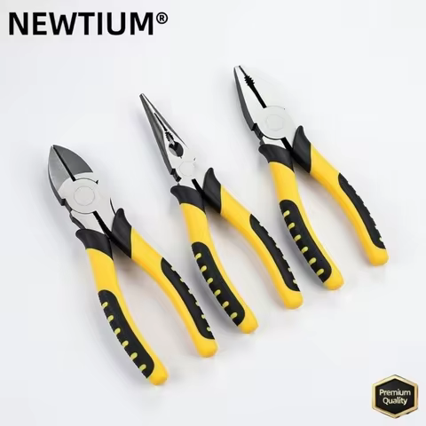 NEWTIUM CR-V Steel Pliers Set: 8" Linesman, 8" Needle Nose, 6" Diagonal Cutter. Industrial Non-Slip 