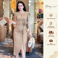 Short-sleeved Party Bodycon Dress with Stone Collar, Shrug Design, Floral Waist, Pencil Shape, Umi M