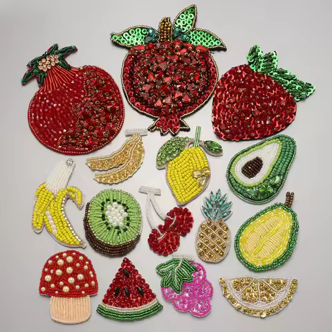 Lemon, Guava, Pineapple, Strawberry Fruit Sequins Rhinestones Beaded Brooch Appliques Patches Vintag