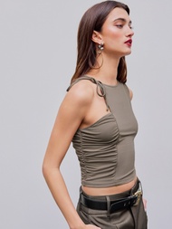 Cider Asymmetrical Ruched Knotted Crop Top