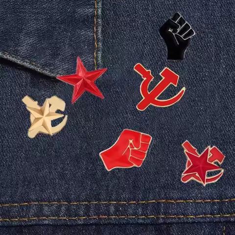 Defend The Revolution!Retro Brooches Soviet Red Army Fist of Solidarity Enamel Pins Star Sickle Hamm