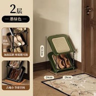 （中古綠）門後落地中古風藤編傾斜鞋架 多層玄關角落置物架