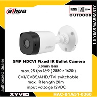 DAHUA HAC-B1A51 5MP 1440P HDCVI FULL HD IR BULLET CVI Outdoor Camera Plastic ( HAC-B1A51-0360 )