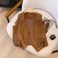 denim jacket woman denim vest woman Western Denim Fringe Vest with Rivets - Suede Trim