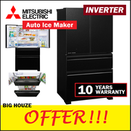 Mitsubishi 4 Door Refrigerator 630L Side by Side Fridge Tempered Glass MRLX68EM NEURO INVERTER Bottom Freezer MR-LX68EM