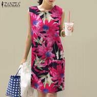 ZANZEA ชุดซันเดรสสำหรับผู้หญิงชุดเดรสเปลี่ยนฝ้ายลินินชุดกระโปรงสั้นวินเทจแขนกุดพิมพ์ลายดอกไม้เดรสลำลอง