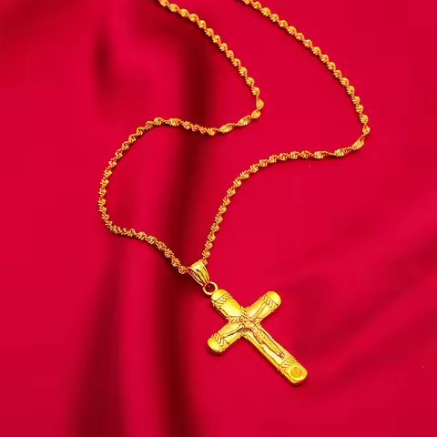 24K real gold 9999 yellow gold Women's Cross Pendant Women's Water Ripple Necklace