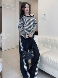 Set bộ áo trễ vai sọc ngang dài tay kèm quần dài sọc dài MTB